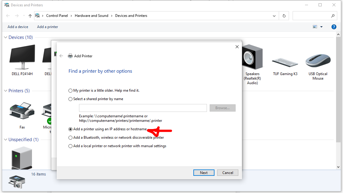 add printer using tcp or ip address